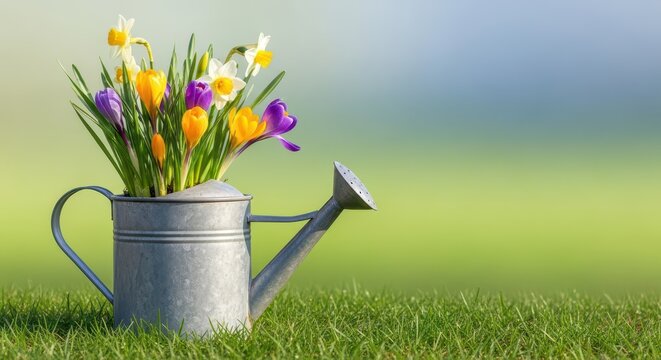 Rustic metal can sitting in fresh green grass beside blooming seasonal flowers, representing new life, gardening, and the start of spring growth, green, metal, springtime