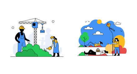 Fototapeta premium Diverse people enjoying outdoor activities construction and leisure in flat design style Vector