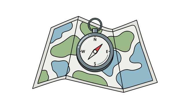 Compass on a folded map with abstract camouflage pattern for adventure and navigation Vector
