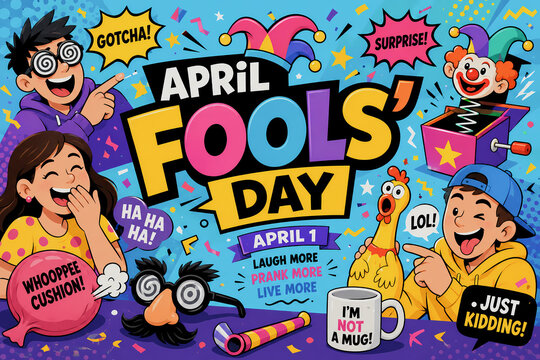 Colorful cartoon illustration celebrating April Fools' Day with laughing kids, pranks, and jester hats.