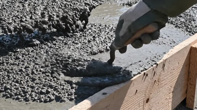 Worker applying wet concrete with a trowel to a wooden form, showcasing the smooth surface and consistent texture during the pouring process in a construction site