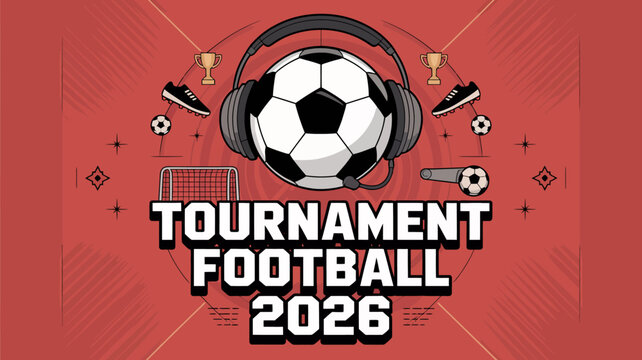 Fun pixel art tournament football soccer game header for 2026 event with headphones and trophies