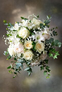 Mazzo di fiori da sposa elegante e romantico con rose color crema, gigli e peonie su sfondo sfocato