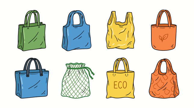 Vibrant collection of reusable shopping bags and plastic bag illustrating eco-friendly choices
