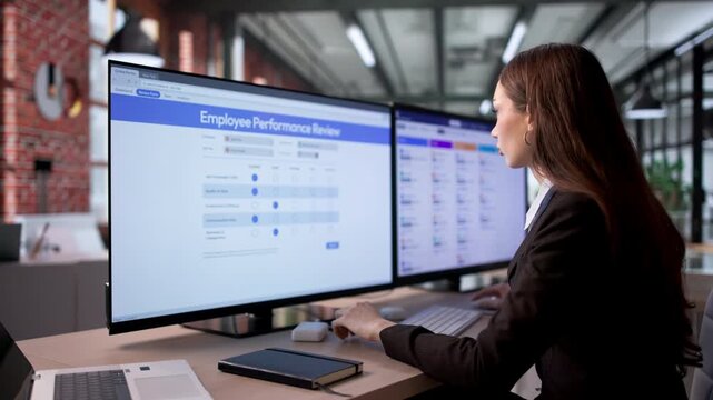 Human Resources Manager Carefully Filling Employee Performance Review Form