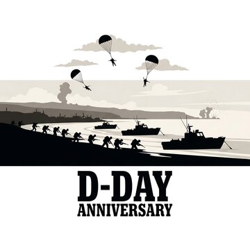 Dday anniversary illustration with parachutes and soldiers landing on beach with ships and boats in the background on a beige background