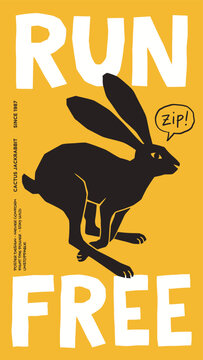 Graphic poster of a running black jackrabbit silhouette with bold Run Free text on yellow background