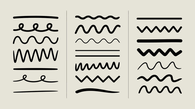Set of abstract line patterns and waveforms in black and white style