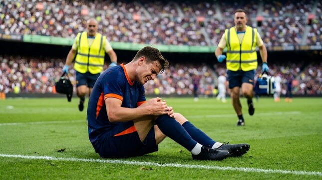 Injured tired athlete sitting alone on the green grass of a sports field expressing physical pain exhaustion and disappointment after a tough competitive match highlighting struggle and health issues