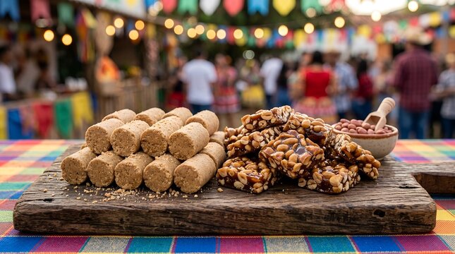 Traditional Brazilian sweets pacoca and pe de moleque made from peanuts and sugar, arranged beautifully on a rustic surface, showcasing rich textures and delicious cultural heritage flavors.