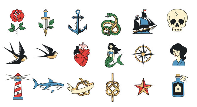 Selection of classic old school tattoo icons including a rose, anchor, snake, ship, skull, heart, and mermaid symbols.