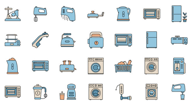 Large collection of home and kitchen appliances including washing machines, ovens, refrigerators, and small electronics.