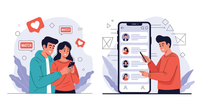 Couple looking at a dating app on a smartphone and a man browsing user profiles on a large mobile screen.