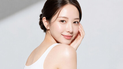 肩越しにやさしく微笑む若い女性のクリーンビューティーポートレート。まとめ髪とつややかな素肌、自然な表情が上品さと親しみやすさを両立させる、美容、スキンケア、化粧品、クリニック、サロン訴求に使いやすい高品質な人物イメージ
