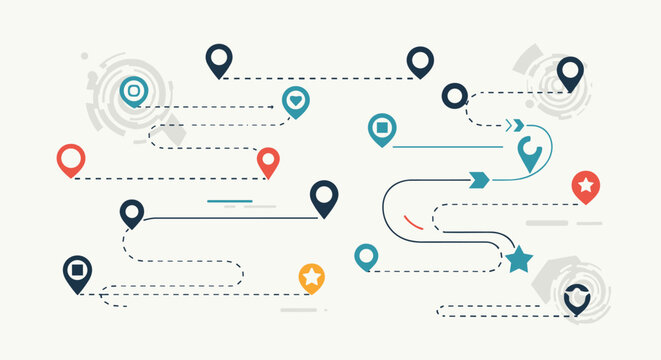 Abstract map interface featuring various colorful location pins and dashed paths connecting multiple points of interest.