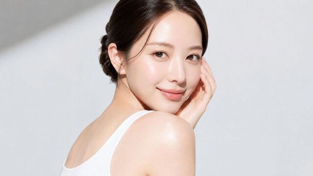 肩越しにやさしく微笑む若い女性のクリーンビューティーポートレート。まとめ髪とつややかな素肌、自然な表情が上品さと親しみやすさを両立させる、美容、スキンケア、化粧品、クリニック、サロン訴求に使いやすい高品質な人物イメージ