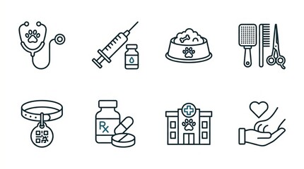 Collection of veterinary care icons representing health and wellness for pets.