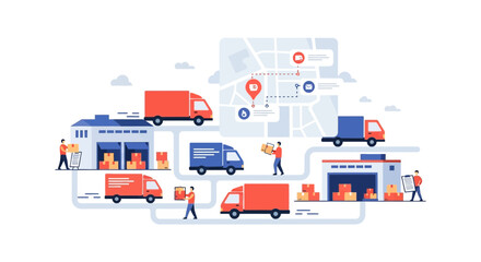 Fototapeta premium Logistics network illustration with trucks, warehouses, and delivery people