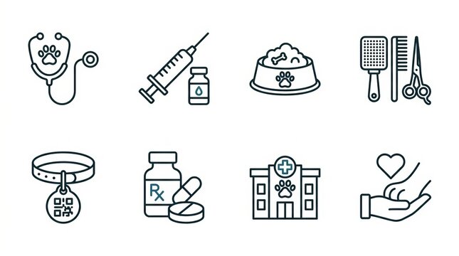 Collection of veterinary care icons representing health and wellness for pets.
