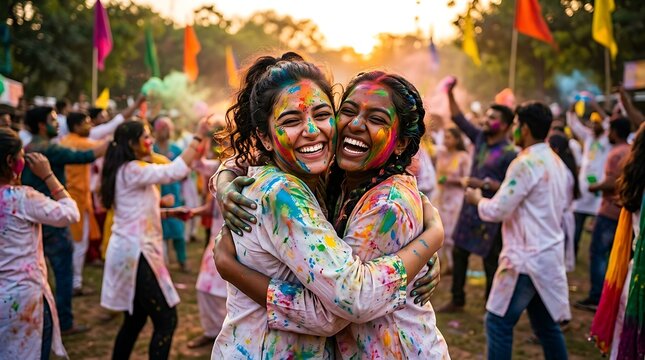 Two Happy Friends Hugging and Laughing at Holi Festival in India