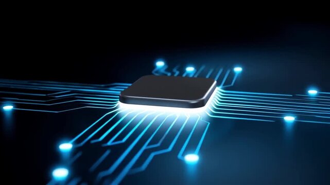 AI chip stocks glowing electronic circuit board with microchip technology and digital connections smart home devices futuristic