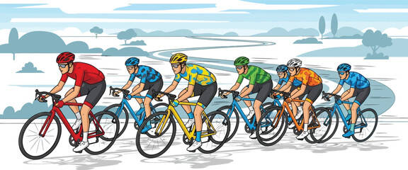 Fototapeta premium Cyclists riding in a peloton, rural landscape background, bicycles cycling bike riders