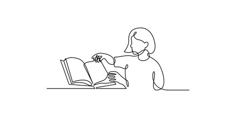 Fototapeta premium Woman reading an open book continuous one line drawing minimalist vector illustration education concept eps