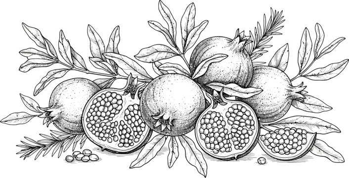 Pomegranates with leaves, black and white whole and halved fruits