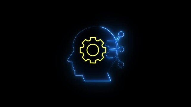 abstract man head and setting icon animation on black background,neon human head with gear and chip,neon ai brain interface animation on dark 4k ...