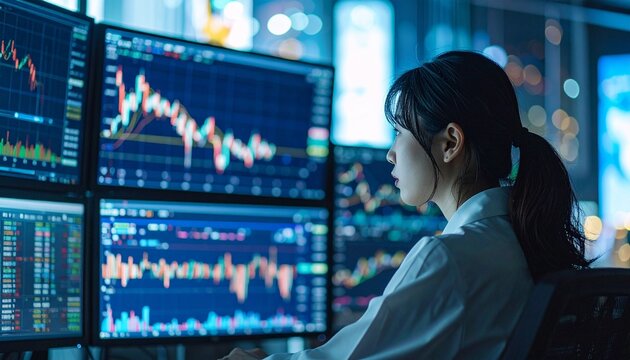 複数のモニターに表示された株価チャートを真剣に分析する日本人女性トレーダーの横顔と夜の取引風景
