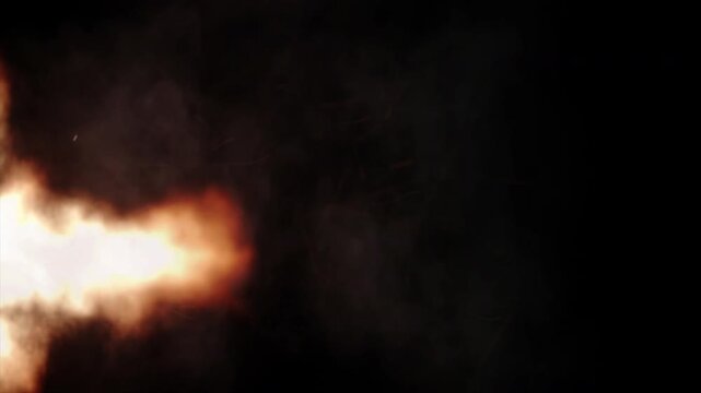 Realistic Fire Burst Explosion from Left Side on Black Background.
