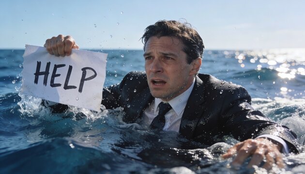 Struggling businessman in full suit, drenched, holds a "HELP" sign while treading water in a deep blue ocean under bright sunlight, seeking rescue. The man appears desperate and vulnerable