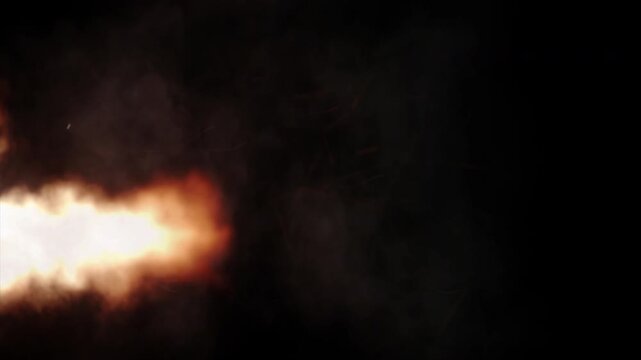 Realistic Muzzle Flash Fire Explosion and Smoke on a Dark Background.