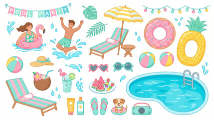 Fototapeta premium Pool Party Vector Set – Swimming Floats, Summer Drinks and Beach Accessories in Pastel Flat Illustration Clipart Pack