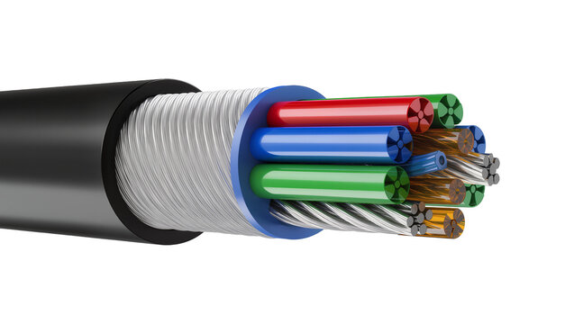 Cross section of black cable with colorful wires and metal strands
