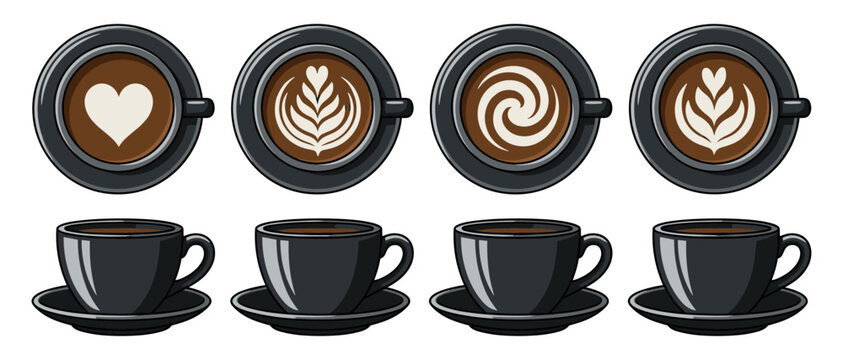 Dark ceramic latte cups. Swirl art and cappuccino hot beverages, black mockup front and top views. Vector illustration isolated luxury drink set on transparent background