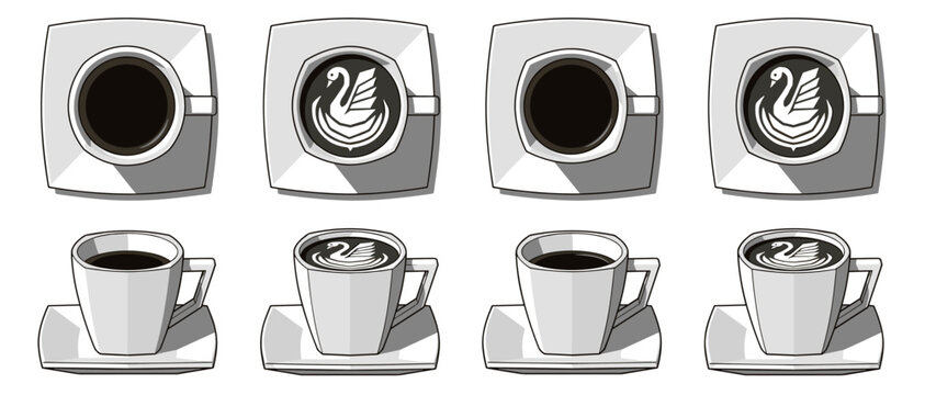 Elegant swan latte art cups. Black coffee and espresso hot beverages, square plate front and top views. Vector illustration isolated art drink set on transparent background