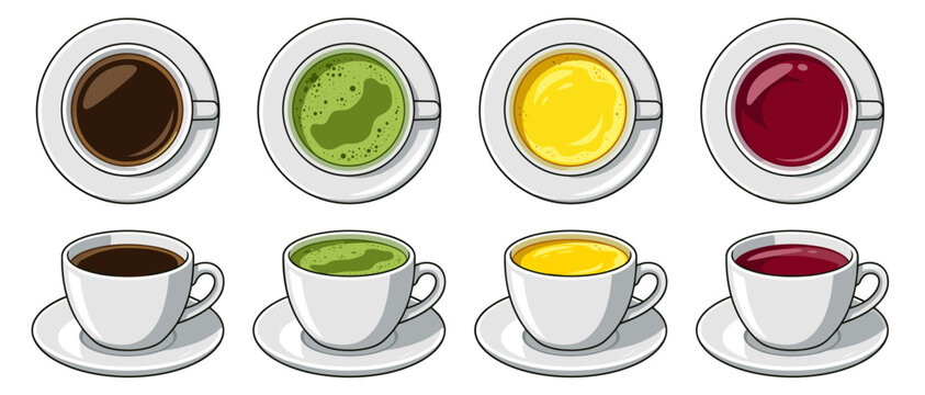 Colorful beverage cups set. Matcha green tea and espresso hot drinks, flat design front and top views. Vector illustration isolated drink collection on transparent background