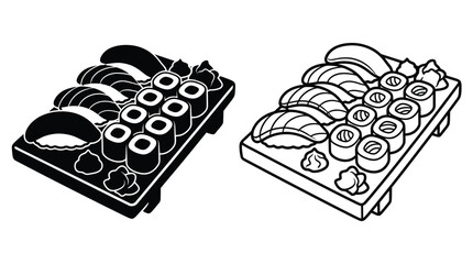 Sushi platter line art illustration black and white depiction © Rumana