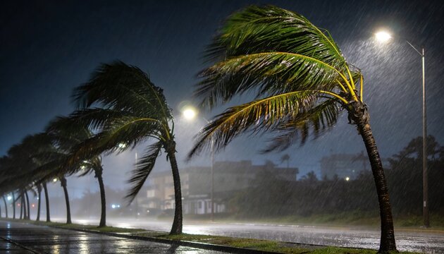 Dramatic night scene with palm trees bending fiercely in heavy tropical rain and strong winds alongside a wet street, illuminated by a street light, depicting a severe weather event