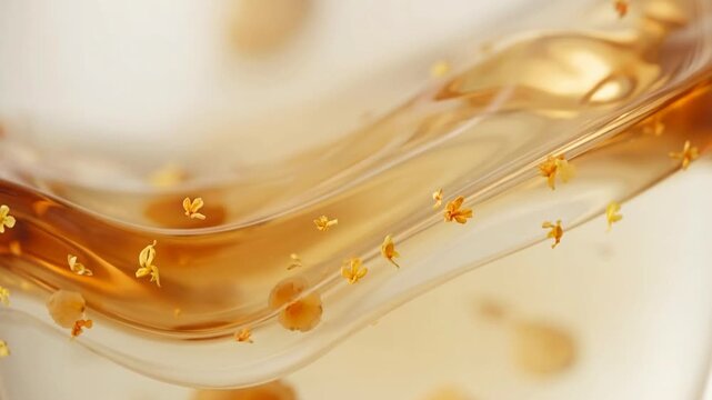 Abstract close-up of golden fluid with delicate golden particles suspended in motion