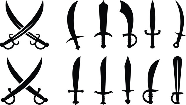 Collection of sword silhouettes featuring crossed sabers, scimitars, straight blades, and stylized short swords in grid arrangement