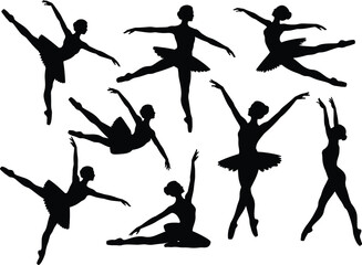 Silhouettes of ballet dancers in tutus performing classical poses including arabesques, pirouettes, and seated stretches on white background © MdRobiul