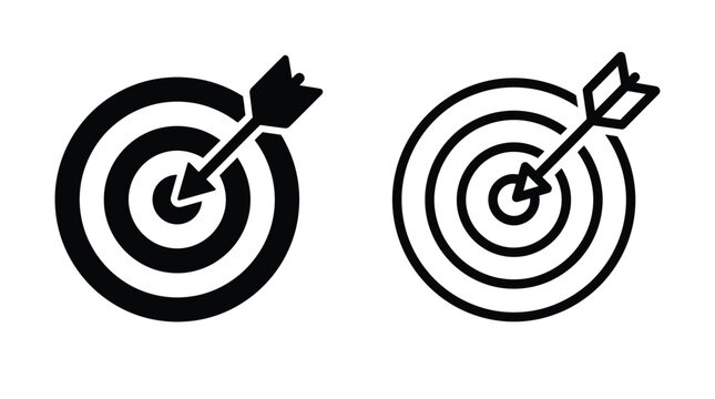 Dart hitting target black line art illustration on white background
