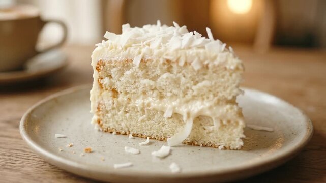 Delicious slice of coconut cream cake on a rustic plate with a warm background, evoking a cozy atmosphere