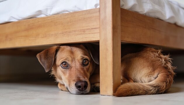 A small brown dog with expressive eyes peeks out cautiously from under a wooden bed frame, displaying a mix of fear and curiosity in a soft, natural light setting