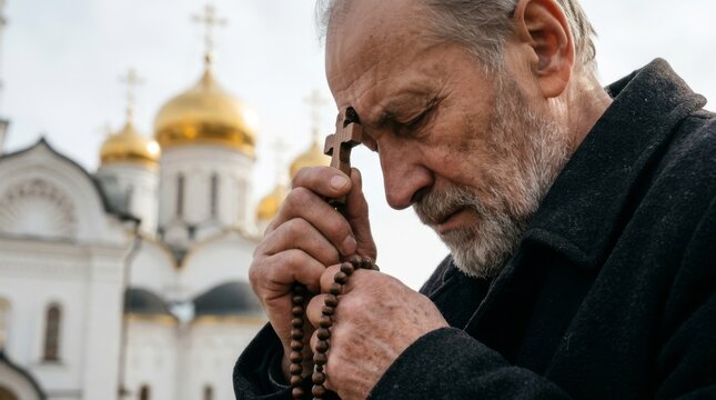 A pensive elderly monk holds a wooden cross in front of an ancient Orthodox church and prays. He is dressed in black. He serves God. He is a novice at the monastery.