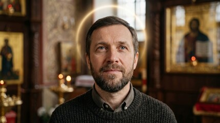 Obraz premium Portrait of a bearded orthodox priest with a halo over his head, standing inside a beautiful church