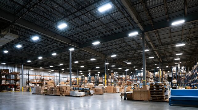 An expansive view inside a brightly lit industrial warehouse facility featuring high ceilings and exposed metal structures