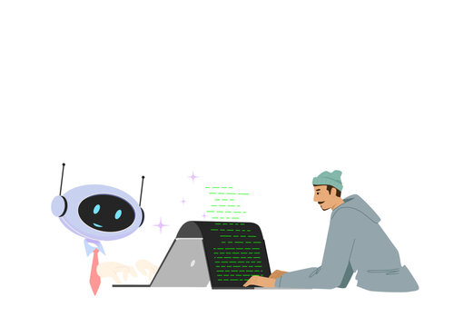 Artificial intelligence helping programmer write code and automate software development workflow. Flat vector illustration isolated on white background